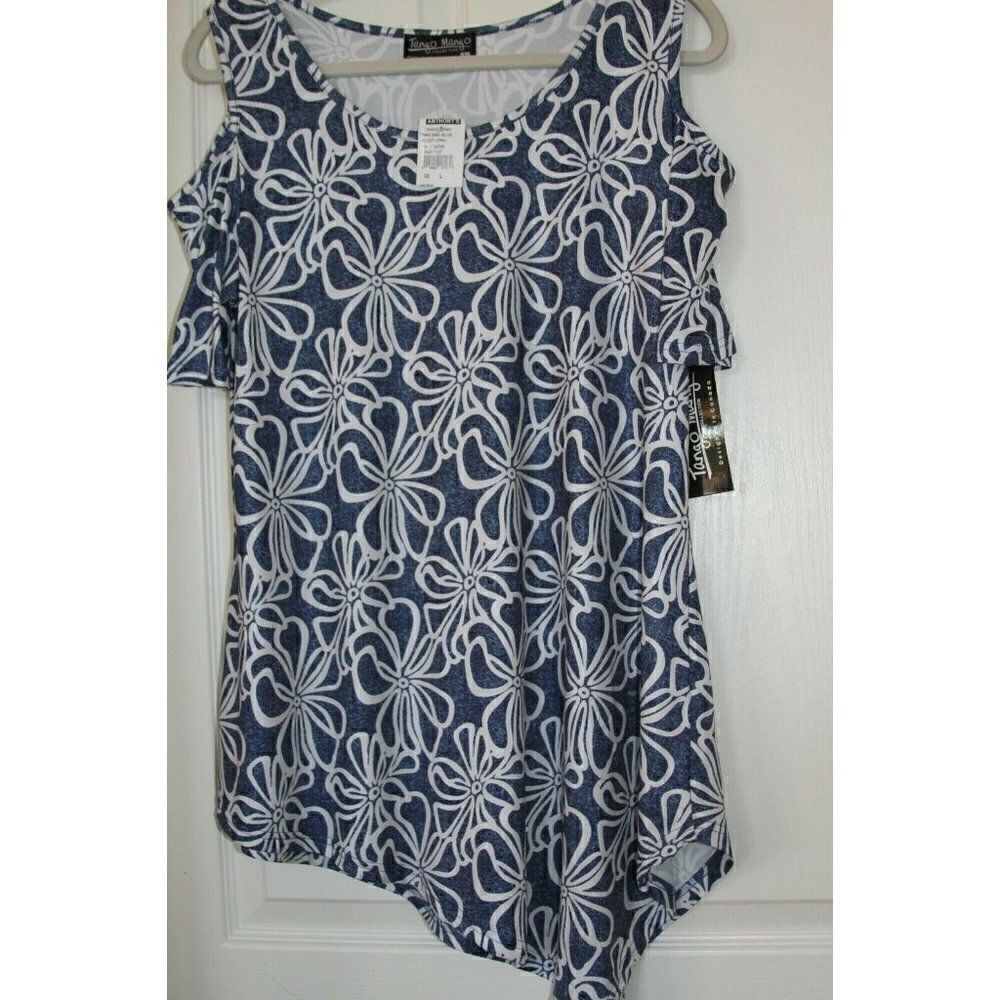 Tango Mango Floral Batik Print Top Cold Shoulder Asymmetrical Hem Womens L NEW